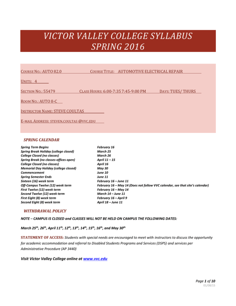 VICTOR VALLEY COLLEGE SYLLABUS SPRING 2016