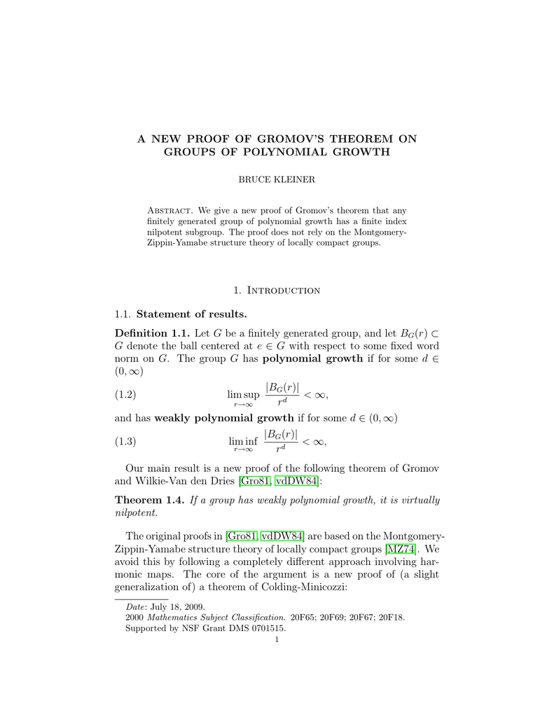 A New Proof Of Gromov S Theorem On Groups Of Polynomial Growth