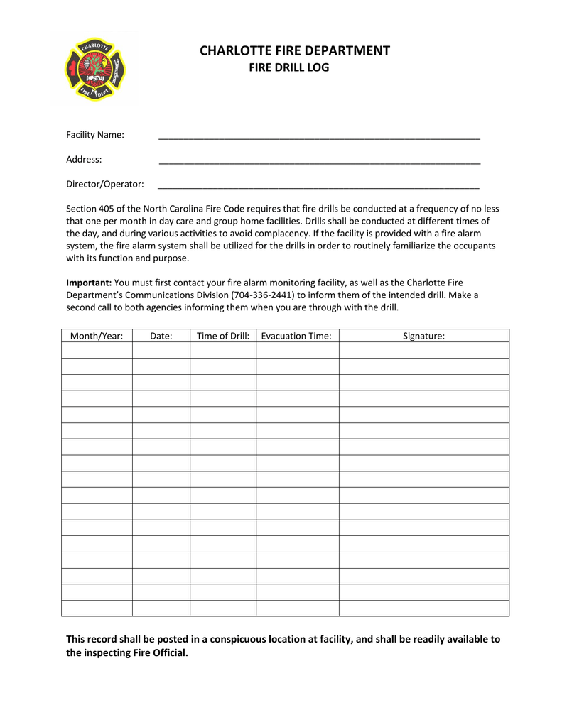 Printable Fire Drill Log Sheet