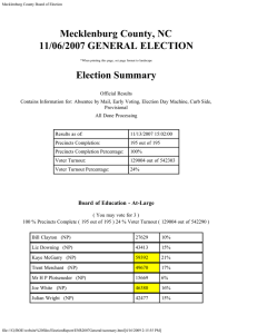 Mecklenburg County, NC 11/06/2007 GENERAL ELECTION Election Summary