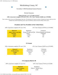 Mecklenburg County, NC November 2 2004 Presidential General Election Election Summary