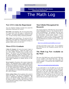 The Math Log New GTA's Join the Department Tom Gilsdorf Recognized for Research