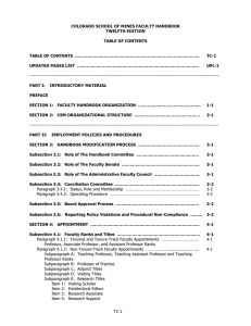 COLORADO SCHOOL OF MINES FACULTY HANDBOOK TWELFTH EDITION TABLE OF CONTENTS