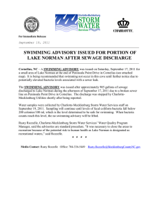 SWIMMING ADVISORY ISSUED FOR PORTION OF LAKE NORMAN AFTER SEWAGE DISCHARGE
