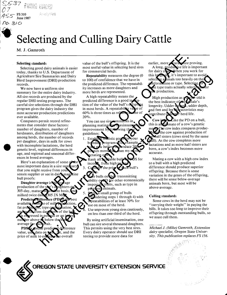 Selecting and Culling Dairy Cattle /o