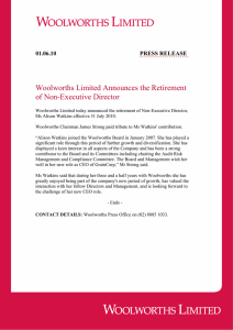 Woolworths Limited Announces the Retirement of Non-Executive Director  PRESS RELEASE