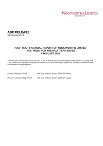 ASX RELEASE HALF YEAR FINANCIAL REPORT OF WOOLWORTHS LIMITED