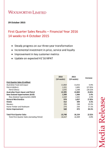 First Quarter Sales Results – Financial Year 2016