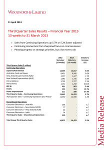 Third Quarter Sales Results – Financial Year 2013
