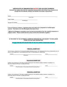 CERTIFICATE OF IMMUNIZATION FOR COLLEGE STUDENTS WAIVER