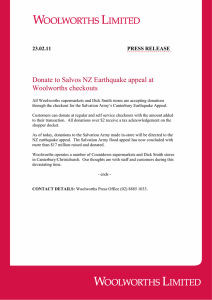 Donate to Salvos NZ Earthquake appeal at Woolworths checkouts  PRESS RELEASE