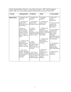 Oral Evaluation Rubric, Based on:  Iowa State University, ... Rubric,  accessed 19 May 2005.