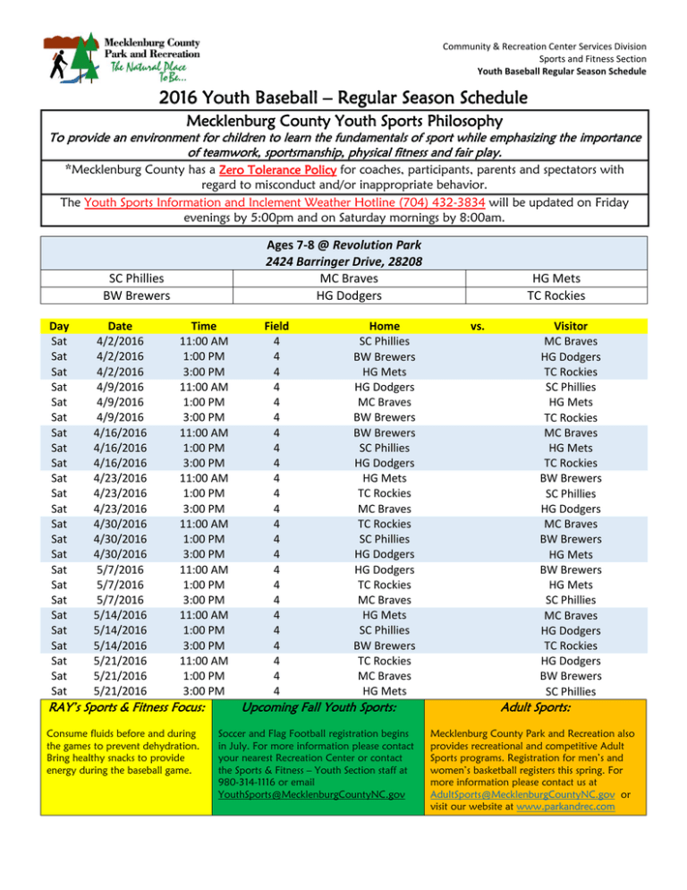 2016 Youth Baseball Regular Season Schedule