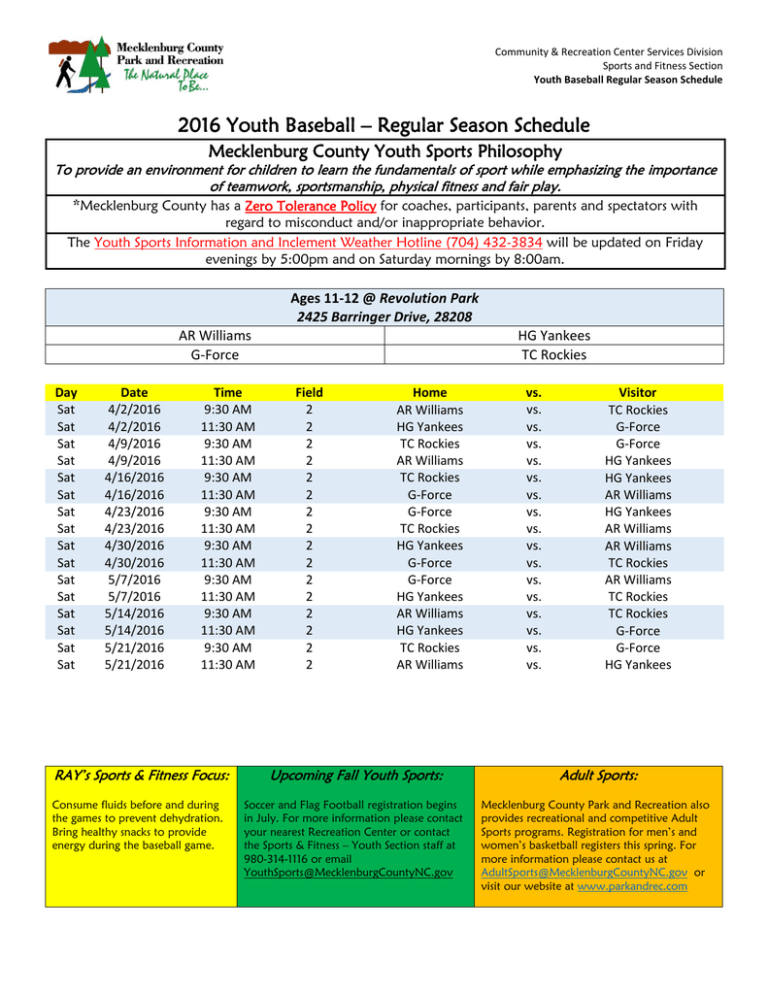 2016 Youth Baseball Regular Season Schedule