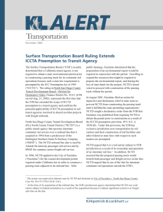 Transportation Surface Transportation Board Ruling Extends ICCTA Preemption to Transit Agency