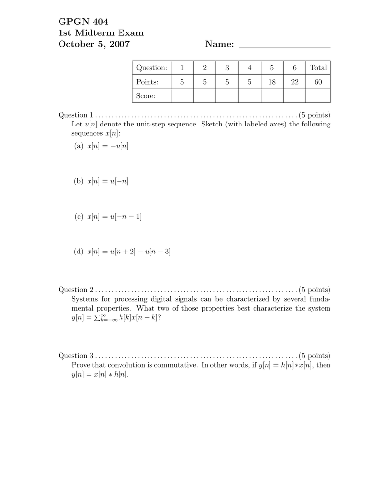 Gpgn 404 1st Midterm Exam October 5 07 Name