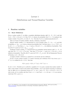 Lecture 1 Distributions and Normal Random Variables 1 Random variables 1.1 Basic Denitions