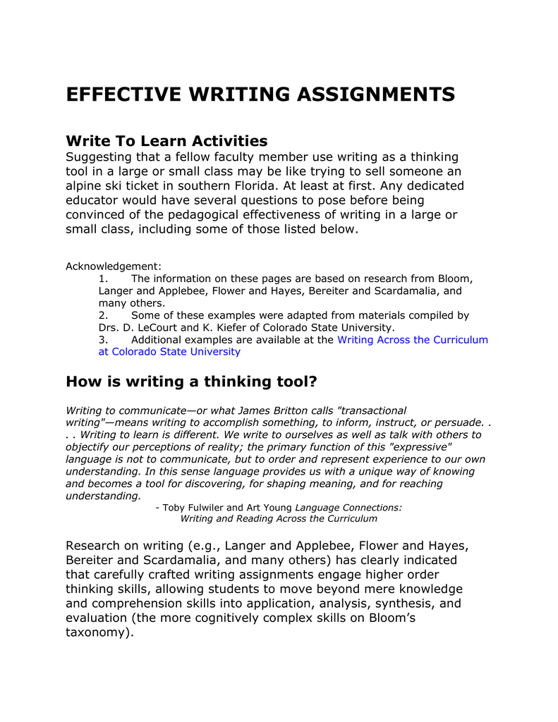 EFFECTIVE WRITING ASSIGNMENTS Write To Learn Activities