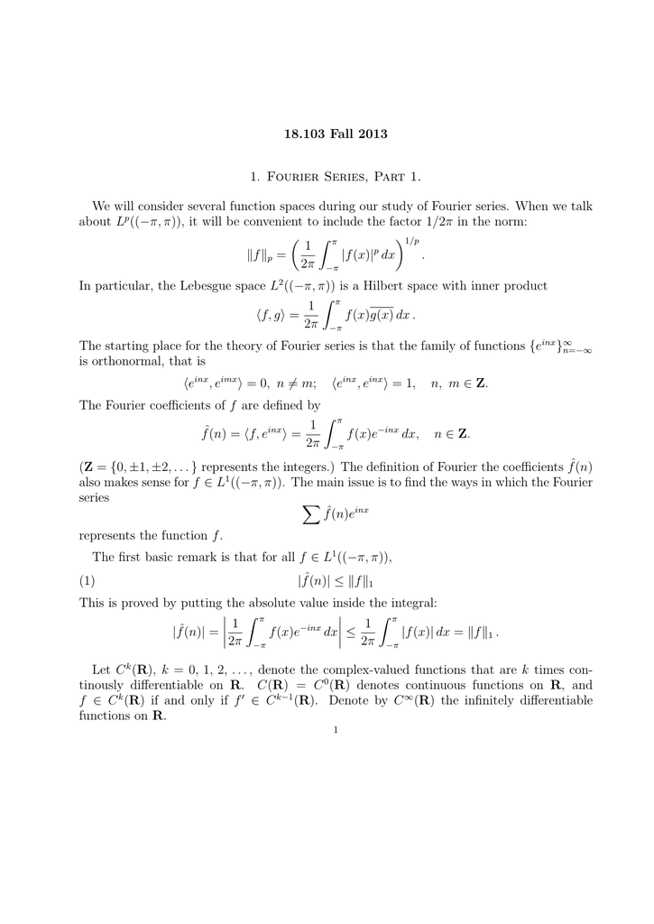 18 103 Fall 13 1 Fourier Series Part 1