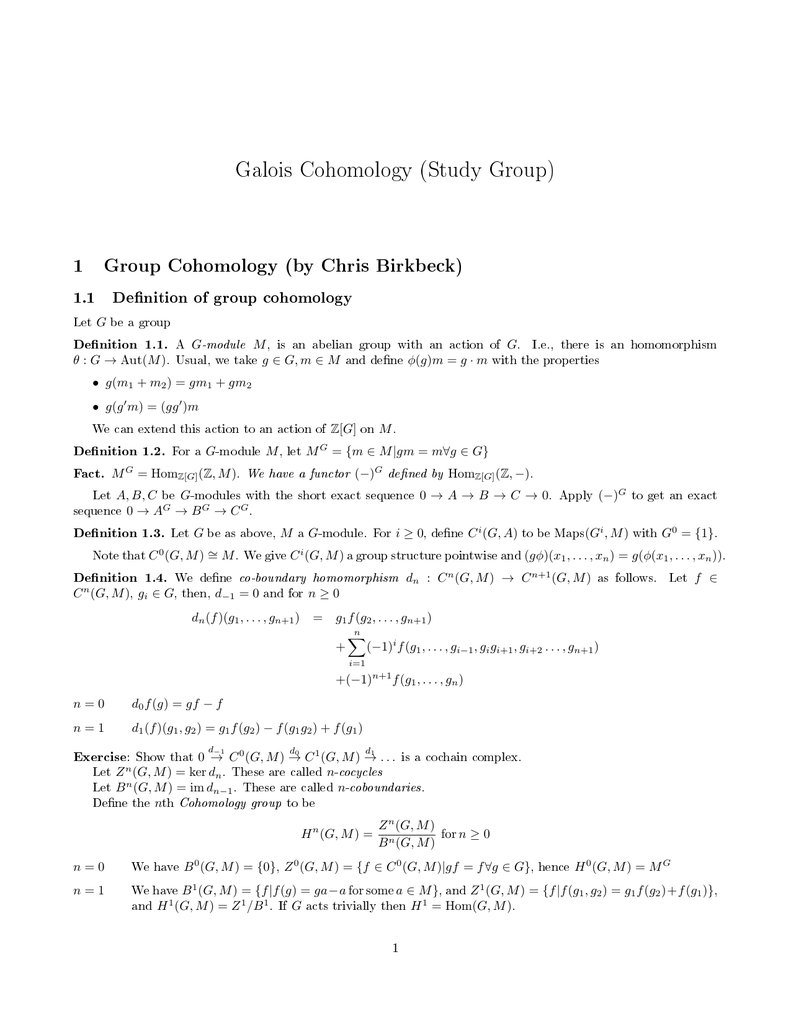 Galois Cohomology Study Group 1 Group Cohomology By Chris Birkbeck