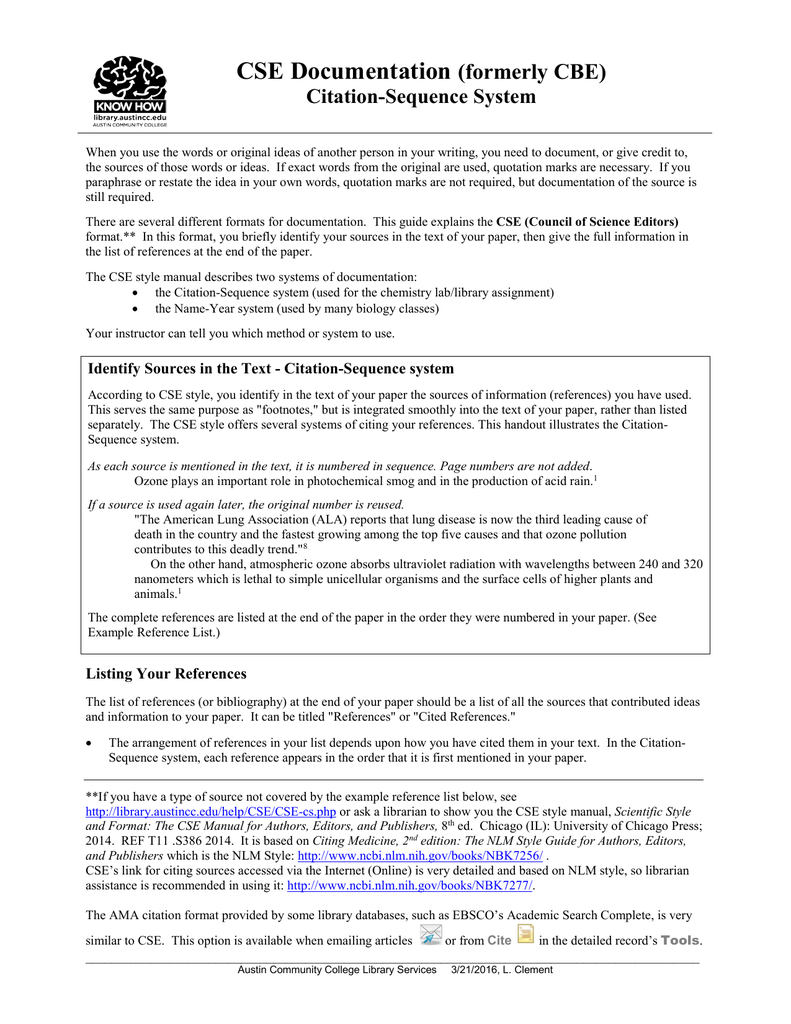 Cse Documentation Formerly Cbe Citation Sequence System