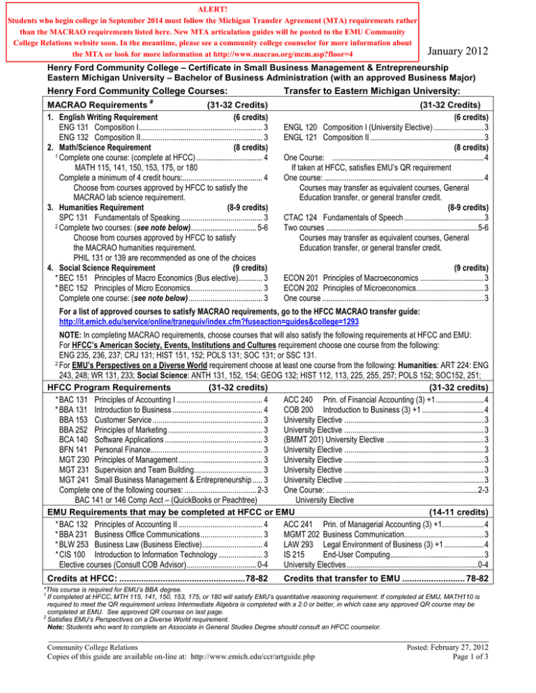 Eastern Michigan University Transfer Requirements EASTERN MICHIGAN UNIVERSITY ARTICULATION GUIDE January 2012