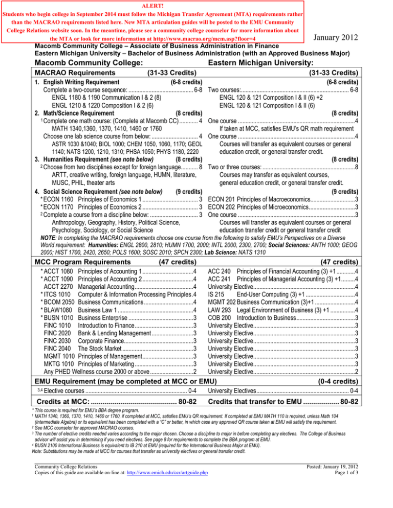 Eastern Michigan University Transfer Requirements EASTERN MICHIGAN UNIVERSITY ARTICULATION GUIDE January 2012