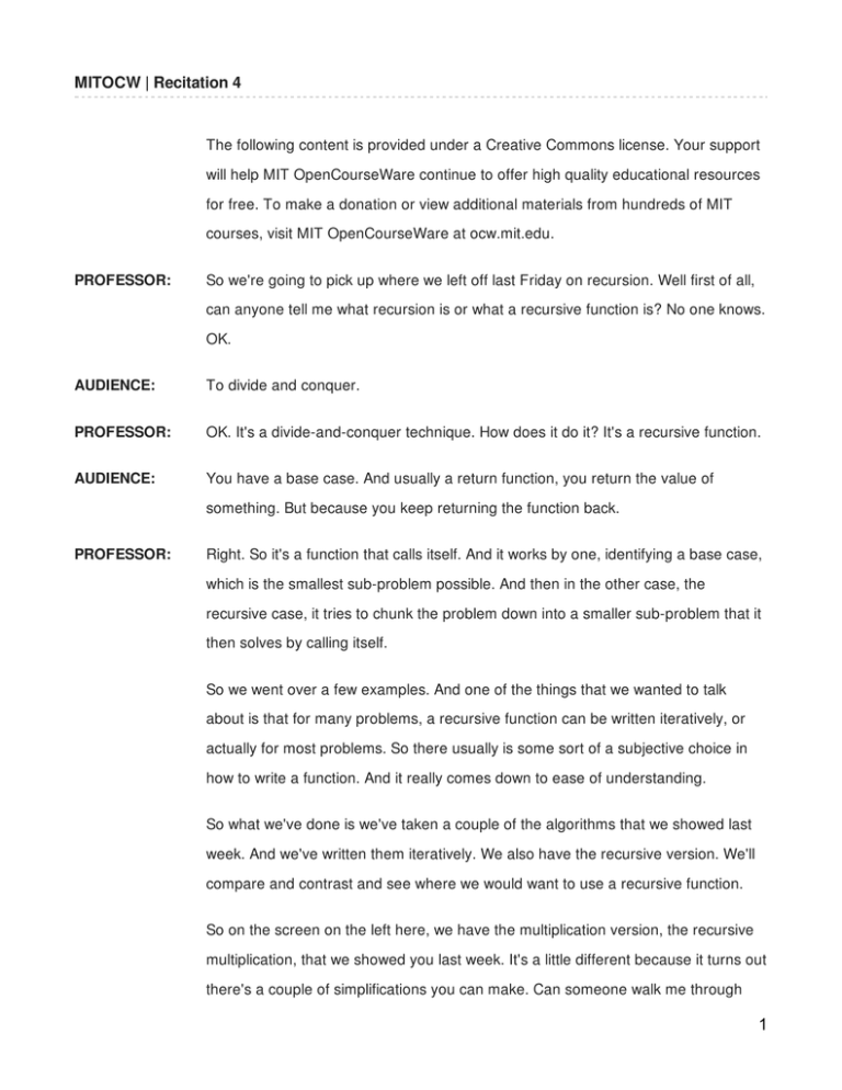 MITOCW Recitation 4