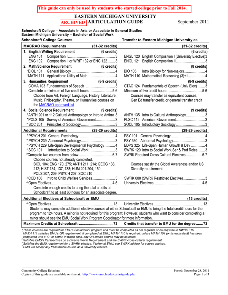 EASTERN MICHIGAN UNIVERSITY ARTICULATION GUIDE