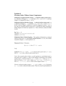 Lecture 4 FFermat, Euler, Wilson, Linear Congruences