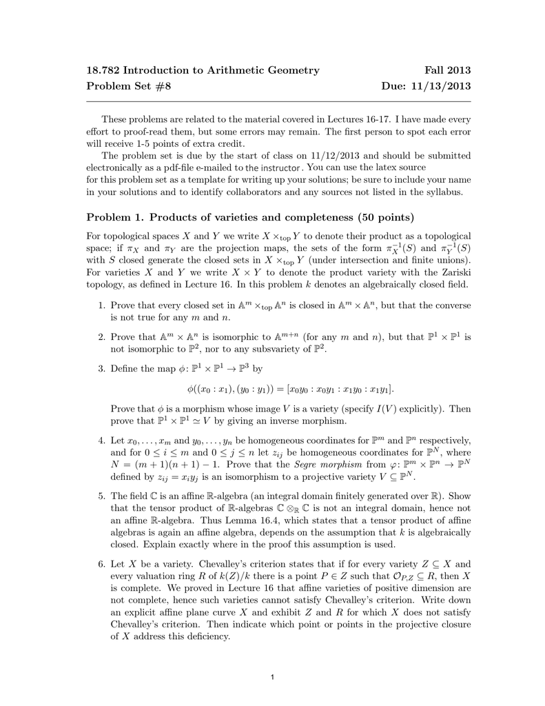 18 7 Introduction To Arithmetic Geometry Fall 13 Problem Set 8 Due 11 13 13