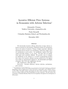 Incentive Eﬃcient Price Systems in Economies with Adverse Selection