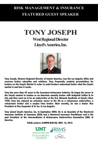 TONY JOSEPH West Regional Director Lloyd's America, Inc.