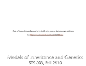 Models of Inheritance and Genetics STS.003, Fall 2010 See: