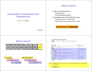 Binary Search Introduction to Computers and Programming • Can be performed on