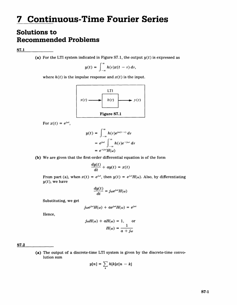 { 7 Continuous-Time Fourier Series Solutions To Recommended Problems