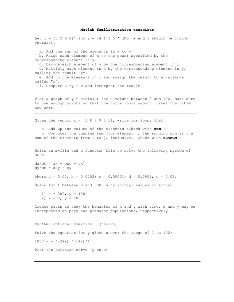 Let X 3 2 6 8 And Y Vectors A Add The Sum Of The Elements In X To Matlab Familiarization Exercises