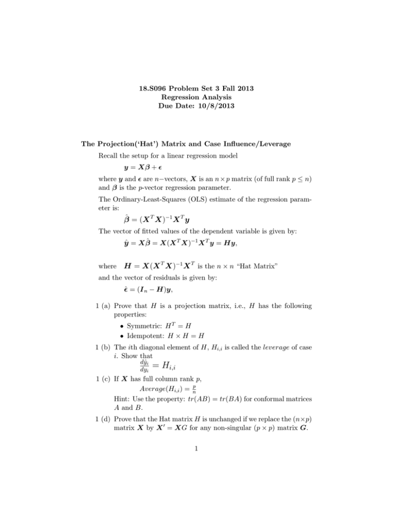 18.S096 Problem Set 3 Fall 2013 Regression Analysis Due Date 10/8/2013