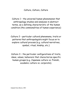 Culture, Culture, Culture  Culture 1 – the universal human phenomenon that
