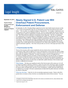 Newly Signed U.S. Patent Law Will Overhaul Patent Procurement, Enforcement and Defense