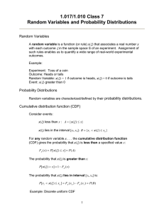 1.017/1.010 Class 7 Random Variables and Probability Distributions  Random Variables