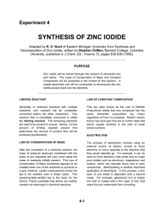 SYNTHESIS OF ZINC IODIDE Experiment 4 R. S. Nord Stephen DeMeo,