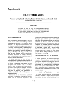 ELECTROLYSIS Experiment 4 Stephen E. Schullery, Robert C. Rittenhouse, Eastern Michigan University