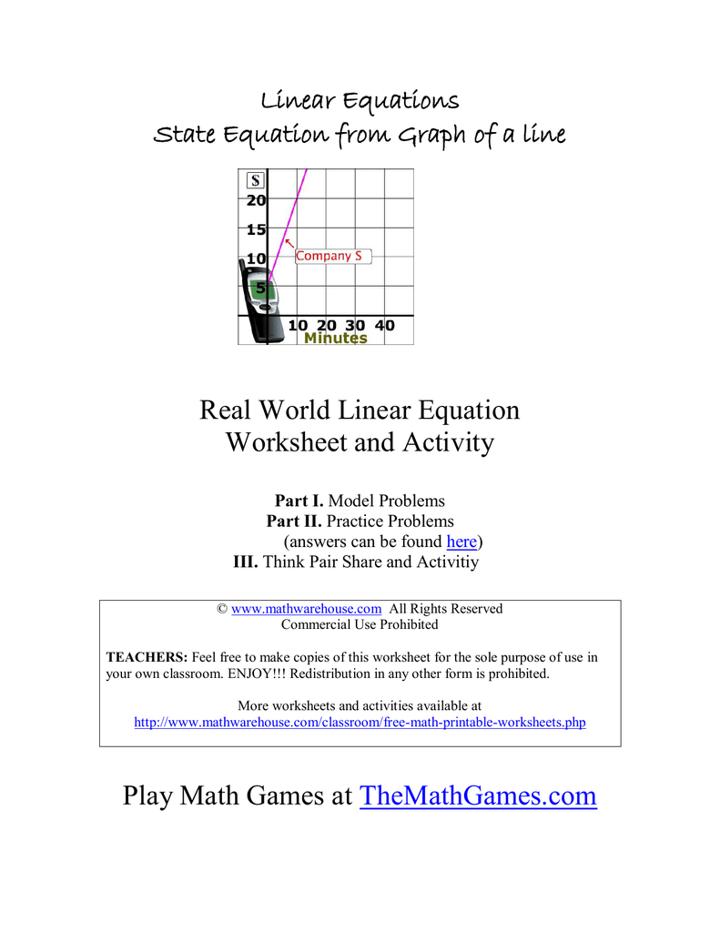 Real World Linear Equation Worksheet and Activity Linear Equations Pertaining To Graphing Linear Equations Practice Worksheet