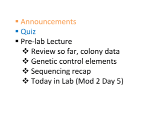  Announcements  Quiz  Pre‐lab Lecture  Review so far, colony data