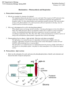 Recitation Section 5 Biochemistry—Photosynthesis and Respiration