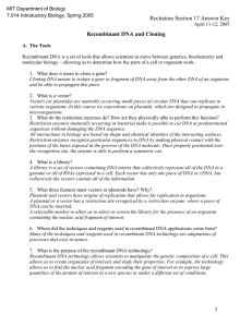 Recitation Section 17 Answer Key Recombinant DNA and Cloning