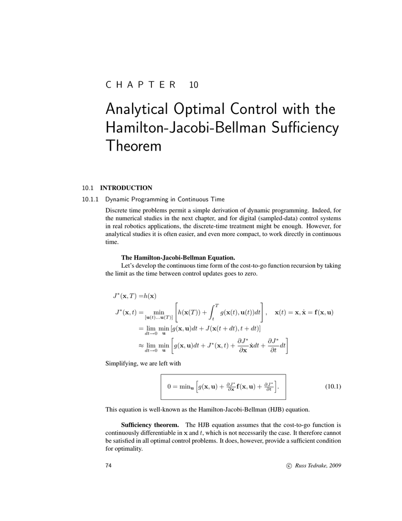 Analytical Optimal Control With The Hamilton Jacobi Bellman Suﬃciency Theorem