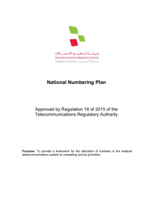 National Numbering Plan  Approved by Regulation 18 of 2015 of the