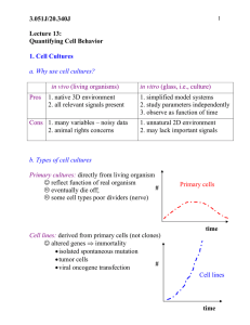 3.051J/20.340J Lecture 13: Quantifying Cell Behavior 1. Cell Cultures